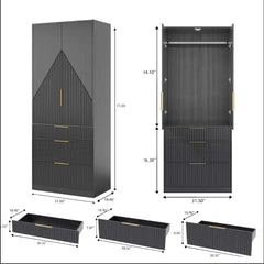 Large Wooden Wardrobe Armoire with Double Doors, 3 Drawers, Hanging Rod and Shelf for Bedroom Storage